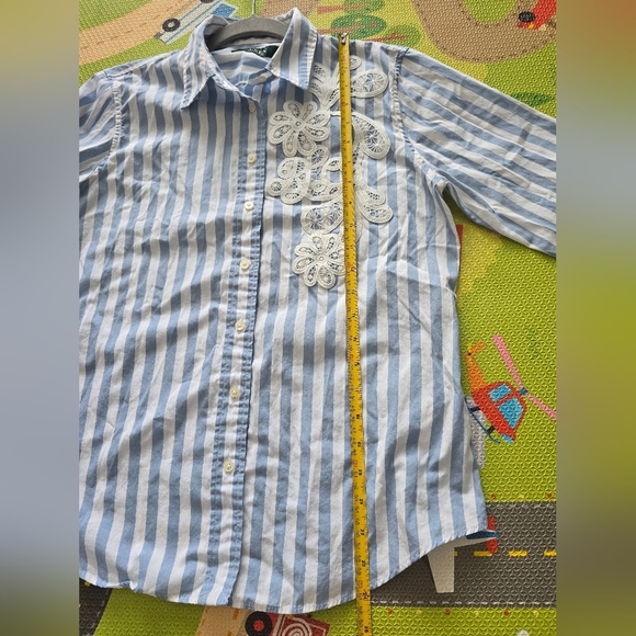 Lauren Blue and White Striped Shirt with Lace Detail Size MP - Picture 10 of 16